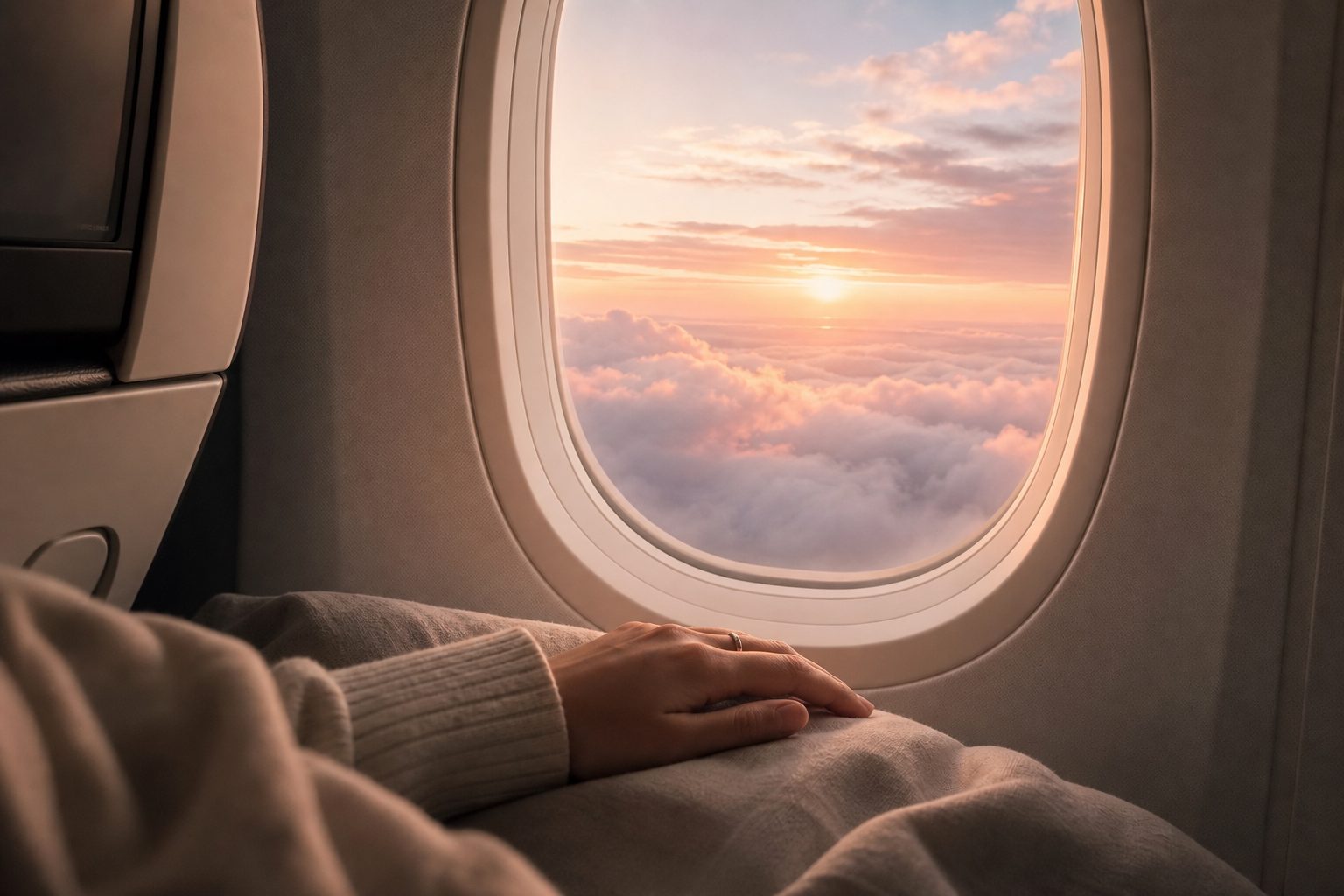 A calm view of clouds at dawn from an airplane window